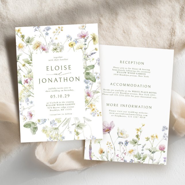 Elegant Soft Pastel Wildflower Botanical Wedding   Invitation (Elegant Soft Pastel Wildflower Botanical Wedding Invitation with details on back)