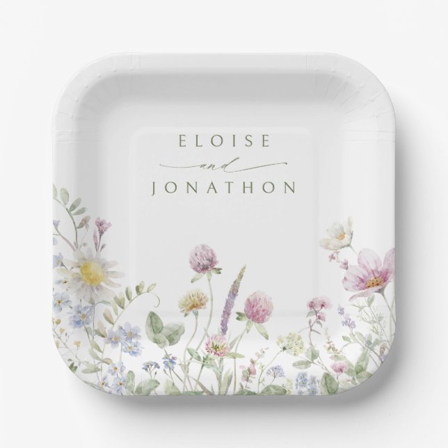 Elegant Soft Pastel Wildflower Botanical Wedding Paper Plates (Front)