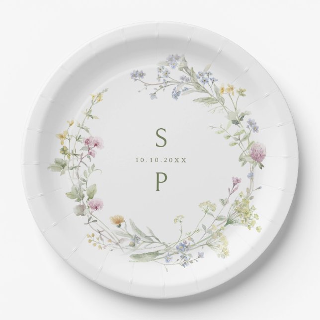 Elegant Soft Pastel Wildflower Botanical Wedding Paper Plates (Front)