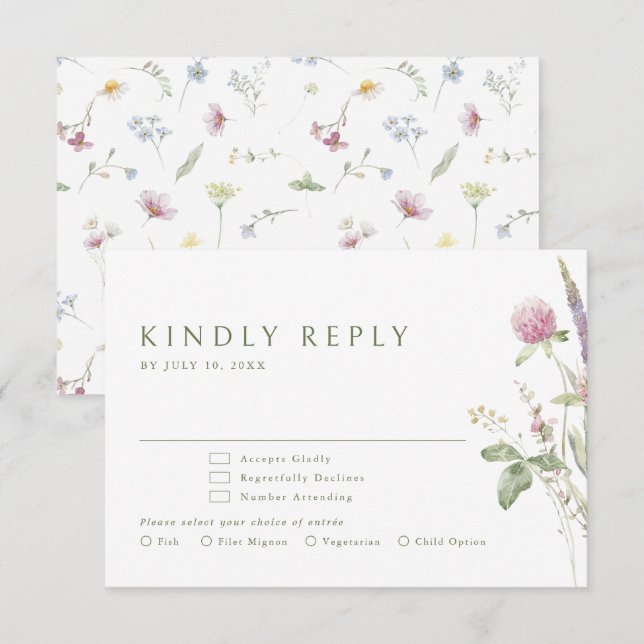 Elegant Soft Pastel Wildflower Botanical Wedding RSVP Card (Front/Back)