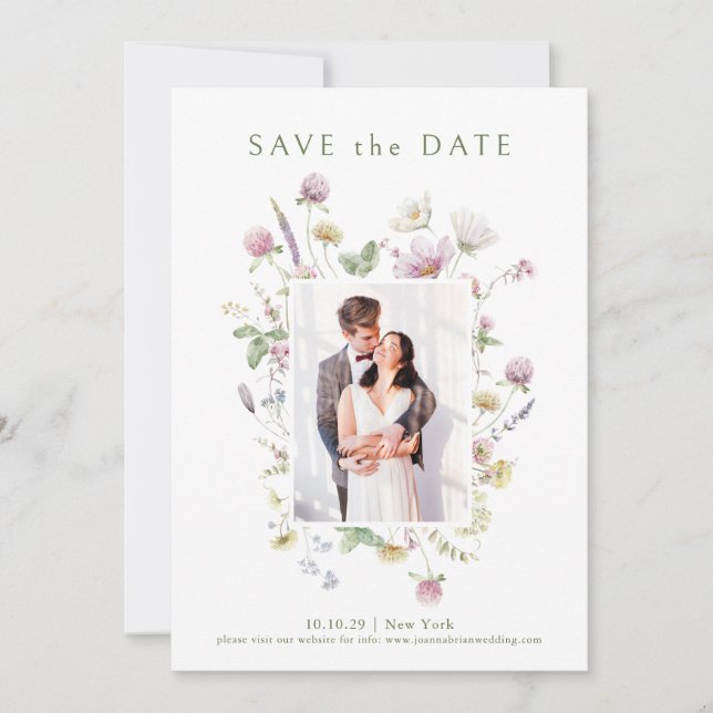 Elegant Soft Pastel Wildflower Botanical Wedding Save The Date (Front)