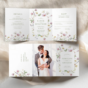 Elegant Soft Pastel Wildflower Botanical Wedding Tri-Fold Announcement