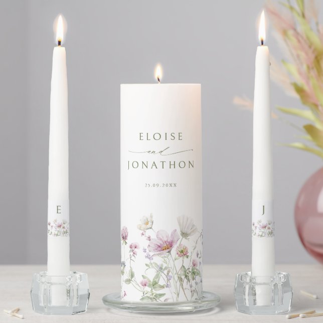 Elegant Soft Pastel Wildflower Botanical Wedding Unity Candle Set (In Situ)