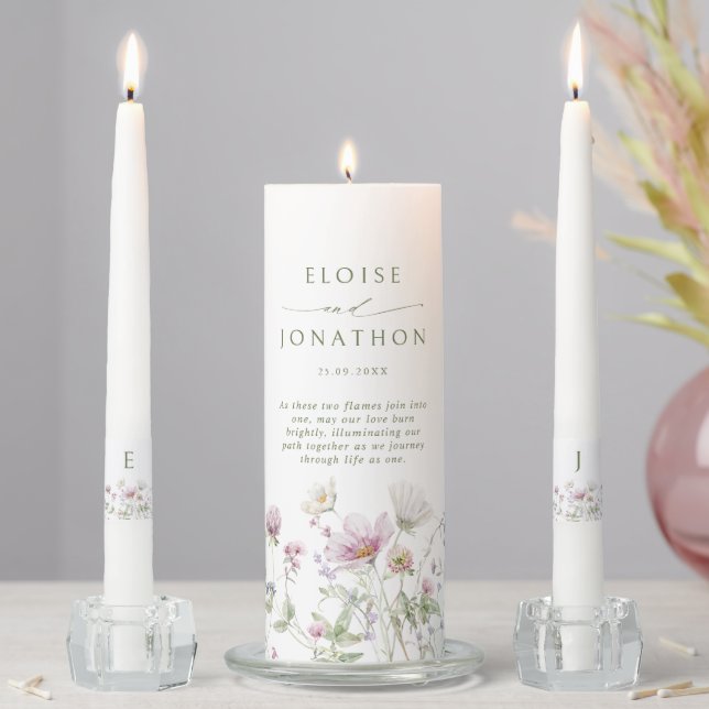 Elegant Soft Pastel Wildflower Botanical Wedding Unity Candle Set (In Situ)