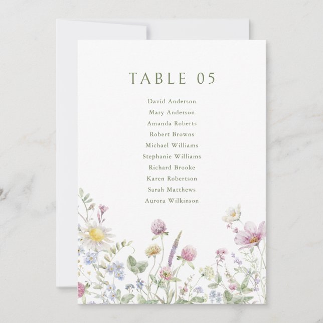 Elegant Soft Pastel Wildflower  Seating Chart Card (Front)