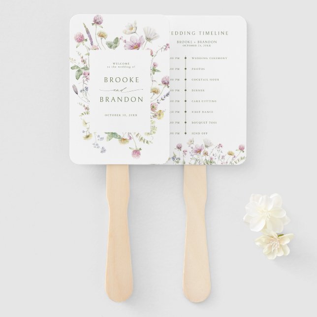 Elegant Soft Pastel Wildflower wedding Timeline Hand Fan (Front and Back)