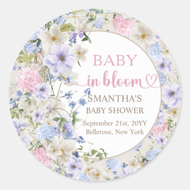 Elegant soft pastel wildflowers pink light blue  classic round sticker (Front)