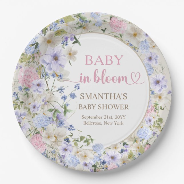 Elegant soft pastel wildflowers pink light blue  paper plates (Front)