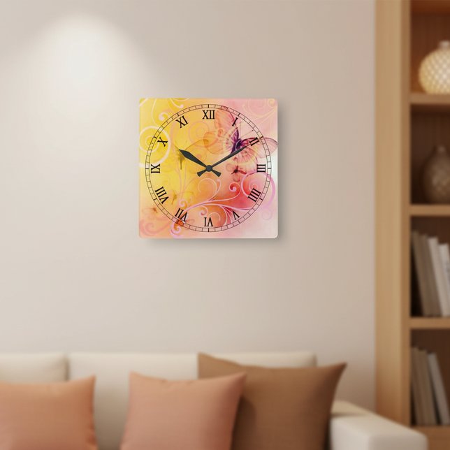 Elegant Soft Pastel Yellow Pink Butterfly & Swirls Square Wall Clock (Creator Uploaded)