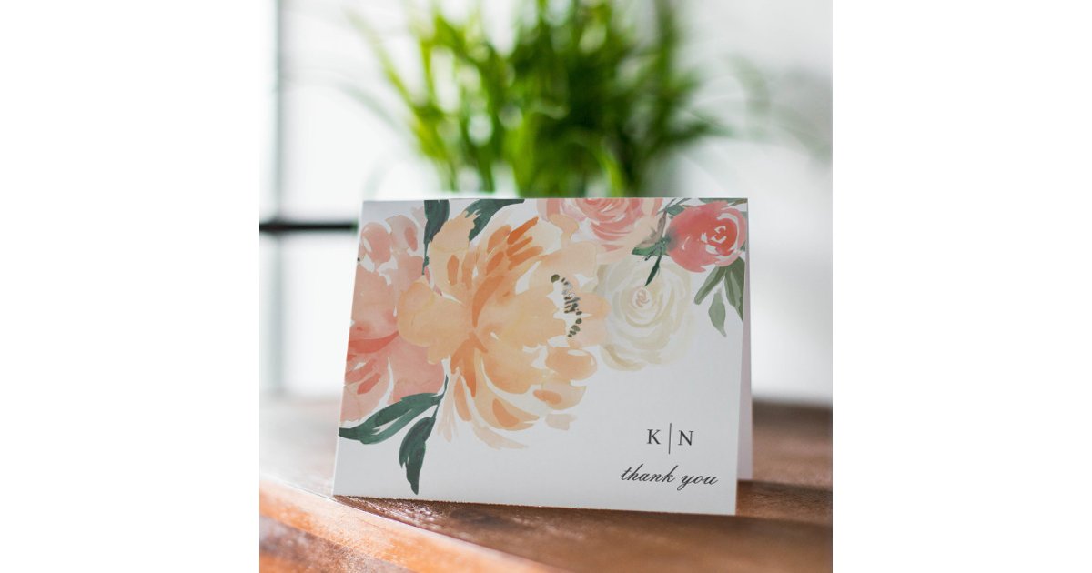 Elegant Soft Peach Floral Monogram Wedding Thank You Card | Zazzle