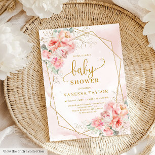 Elegant soft pink and gold girl baby shower party invitation