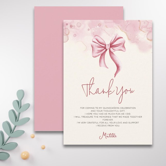 Elegant Soft Pink Bow Quinceanera Thank You Card (Creator Uploaded)