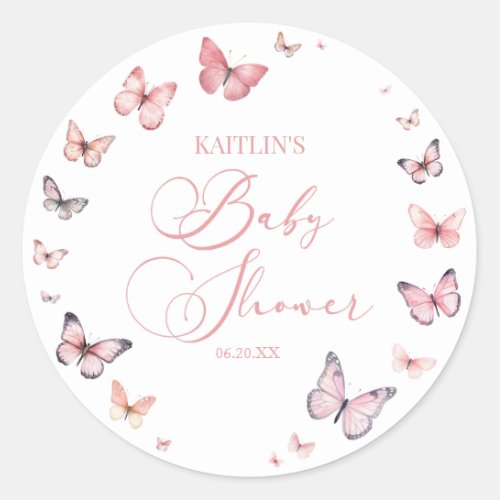 Elegant Soft Pink Butterfly Baby Shower  Classic Round Sticker