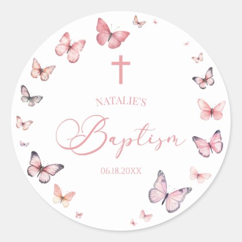 Elegant Soft Pink Butterfly Baptism Classic Round Sticker