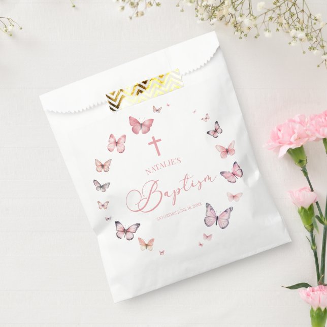 Elegant Soft Pink Butterfly Baptism Favor Bag (Sealed)