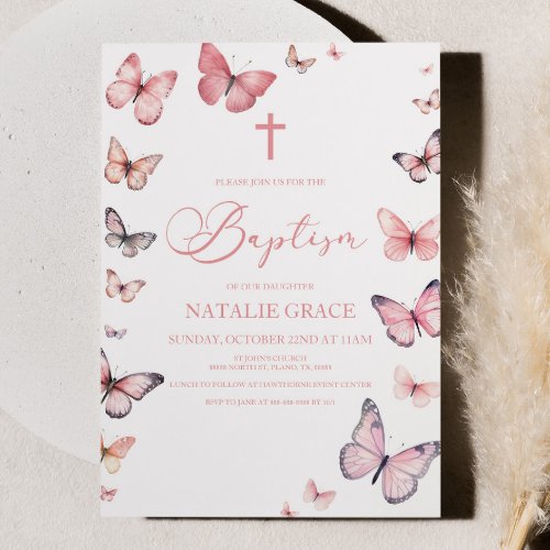 Elegant Soft Pink Butterfly Baptism Invitation