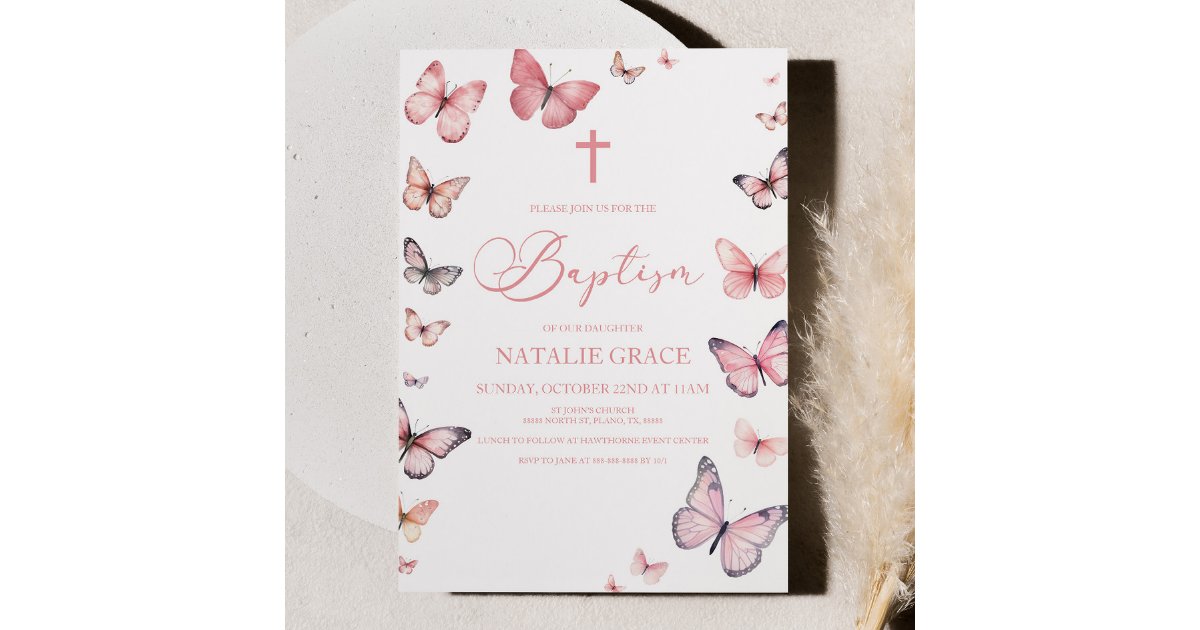 Elegant Soft Pink Butterfly Baptism Invitation Zazzle