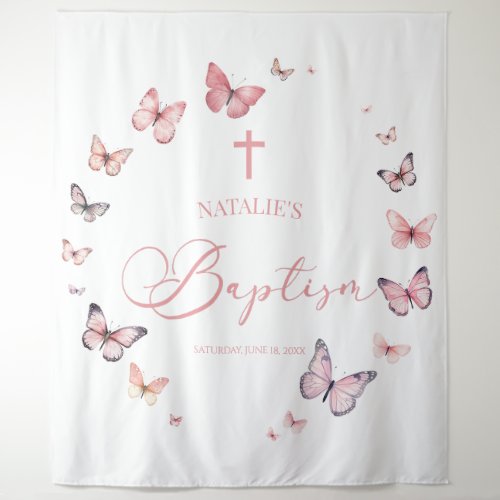 Elegant Soft Pink Butterfly Baptism  Tapestry
