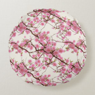 Elegant Soft Pink Cherry Blossom Florals  Round Pillow