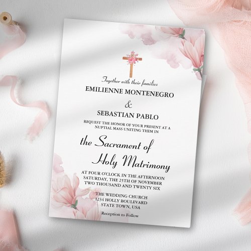 Elegant Soft Pink Floral Catholic Wed Nuptial Mass Invitation