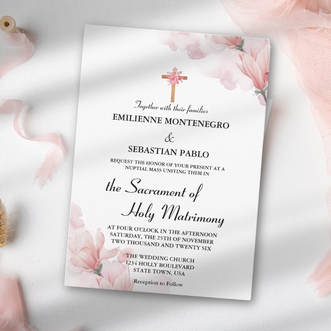 Elegant Soft Pink Floral Catholic Wed Nuptial Mass Invitation (Creator Uploaded)