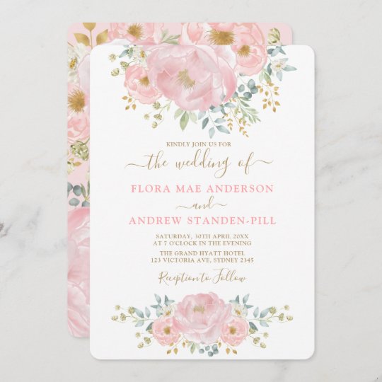 Elegant Soft Pink Floral Peony + Greenery Wedding Invitation | Zazzle.com