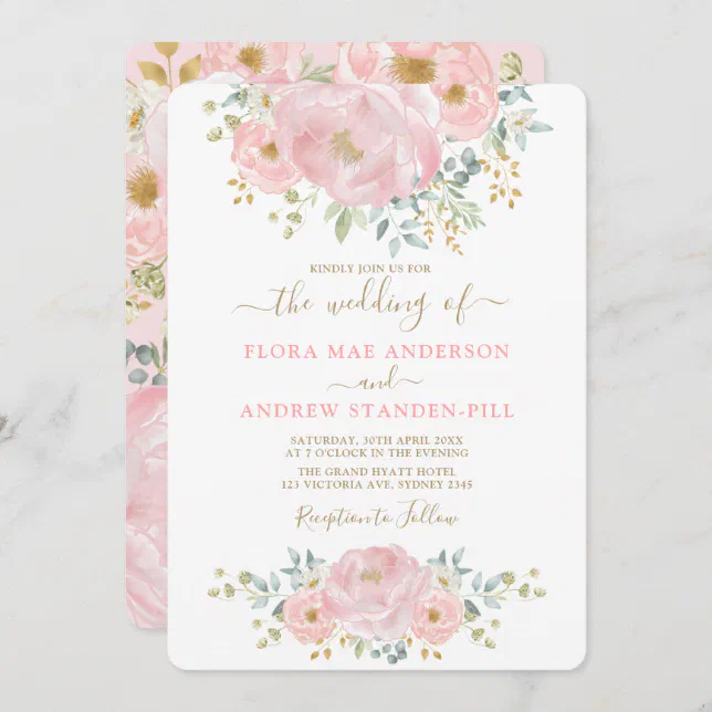 Elegant Soft Pink Floral Peony + Greenery Wedding Invitation | Zazzle