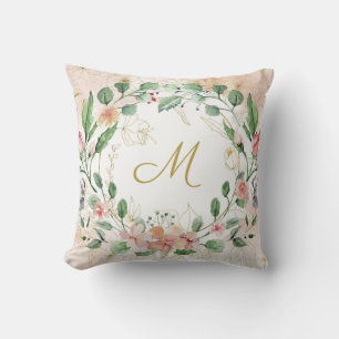 Elegant Soft Pink Floral Wreath Monogram Throw Pillow