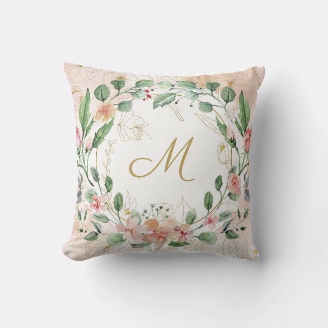 Elegant Soft Pink Floral Wreath Monogram Throw Pillow (Front)
