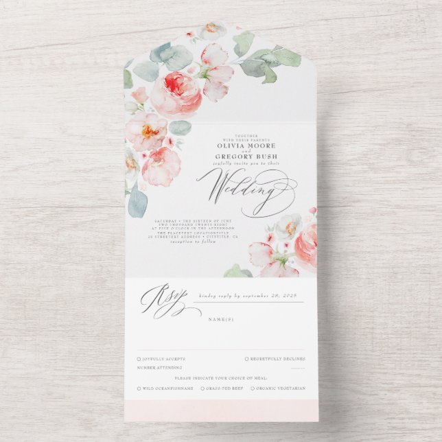 Elegant Soft Pink Flowers Boho Wedding All In One Invitation (Inside)