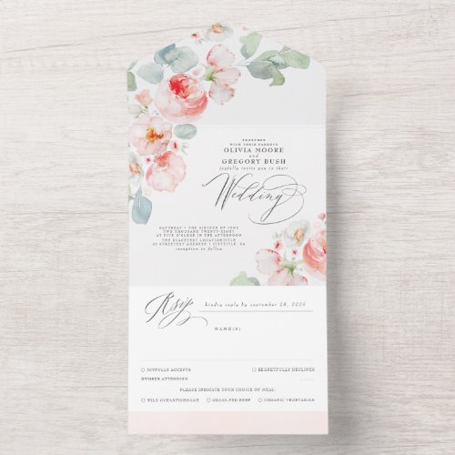 Elegant Soft Pink Flowers Boho Wedding All In One Invitation