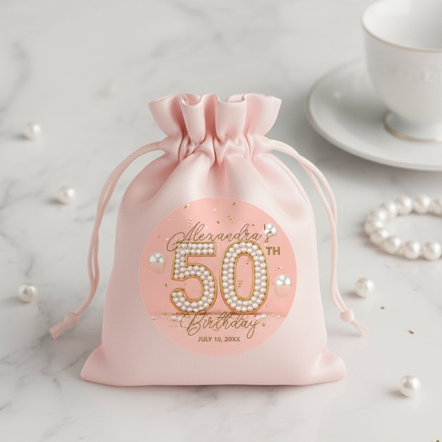 Elegant Soft Pink Gold Pearly 50th Birthday Classic Round Sticker (Creator Uploaded)
