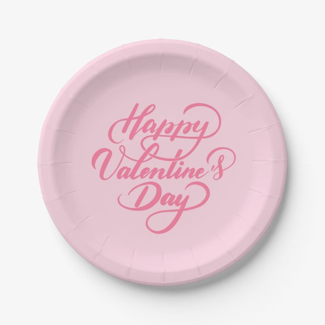 Elegant Soft Pink Happy Valentine's Day Paper Plates (Front)