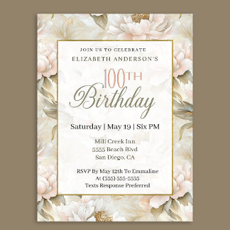 Elegant Soft Pink Ivory Peony 100th Birthday Invitation