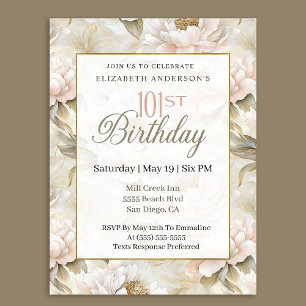 Elegant Soft Pink Ivory Peony 101st Birthday  Invitation
