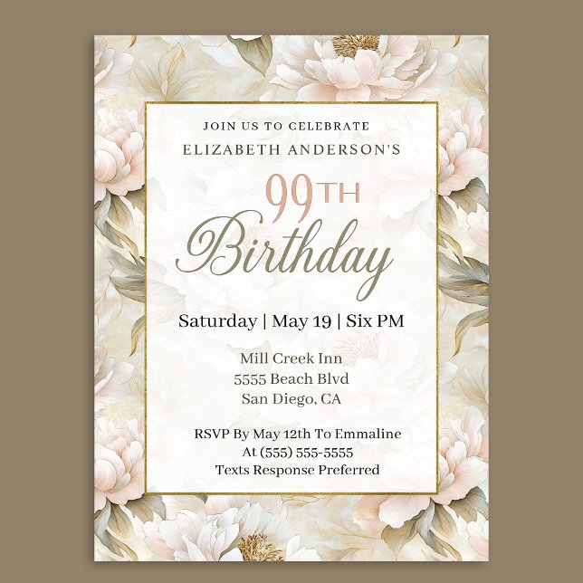 Elegant Soft Pink Ivory Peony 99th Birthday  Invitation (Creator Uploaded)