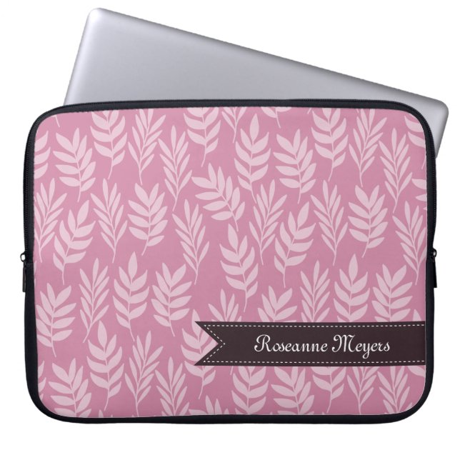 Elegant Soft Pink Leaves Pattern With Girly Name Laptop Sleeve (Front)