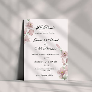 Elegant Soft Pink Magnolia Floral Muslim Wedding Invitation
