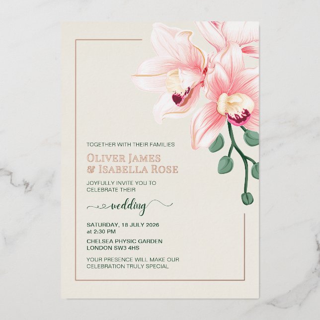 Elegant Soft Pink Orchid Wedding Invitation | Foil Foil Invitation (Front)