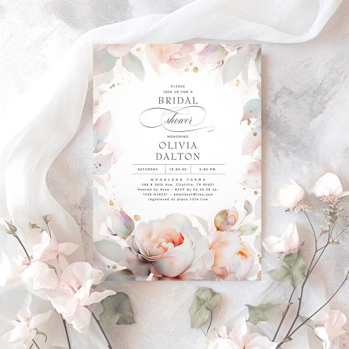 Elegant Soft Pink Peach Floral Boho Bridal Shower Invitation