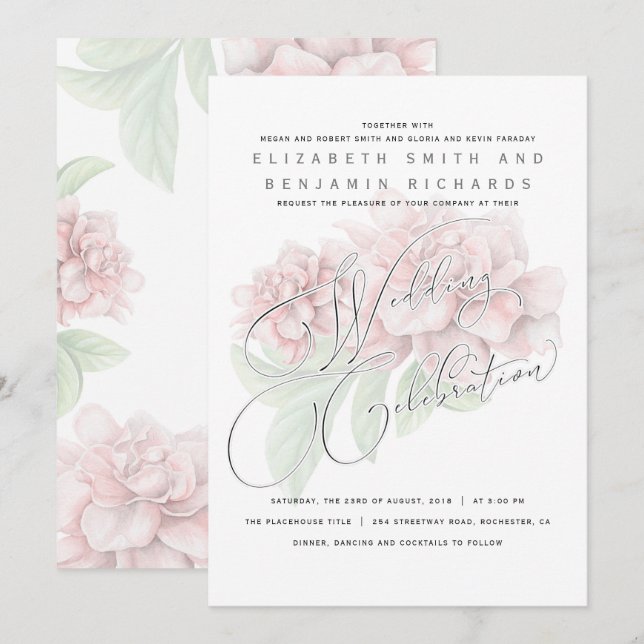 Elegant Soft Pink Peony Floral Typography Wedding Invitation (Front/Back)