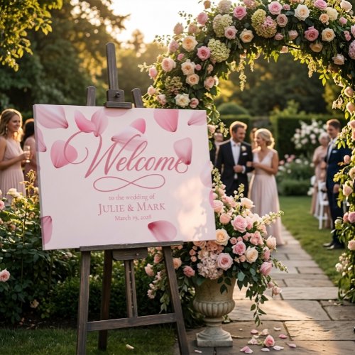 Elegant Soft Pink Rose Petals Wedding Welcome Sign