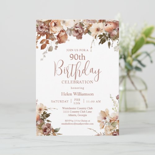 Elegant Soft Pink Watercolor Floral 90th Birthday Invitation