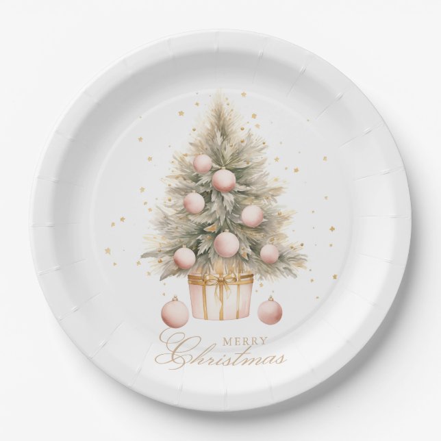 Elegant Soft Pink Watercolor Merry Christmas Tree Paper Plates (Front)