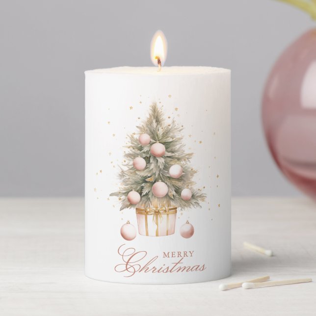 Elegant Soft Pink Watercolor Merry Christmas Tree Pillar Candle (In Situ)