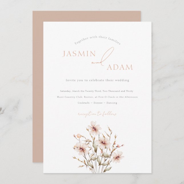 Elegant Soft Pink Wildflowers Wedding Invitation (Front/Back)