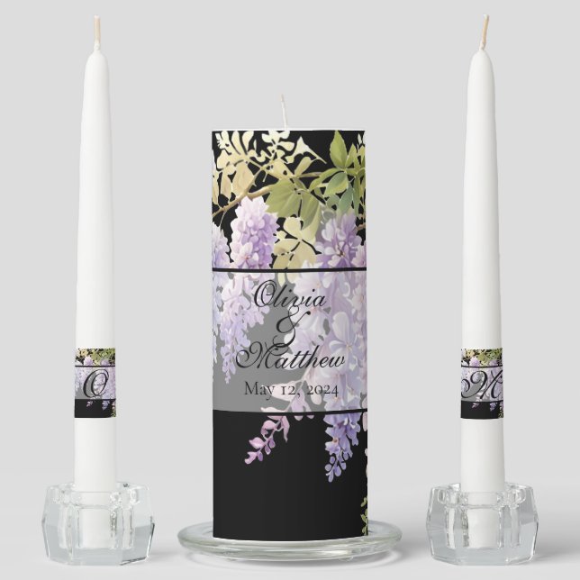 Elegant soft purple blue watercolor wisteria unity candle set (Front)