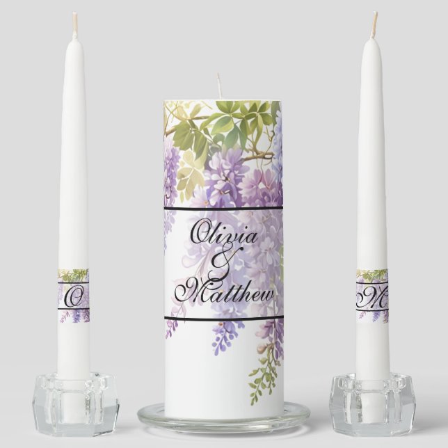 Elegant soft purple blue watercolor wisteria unity candle set (Front)