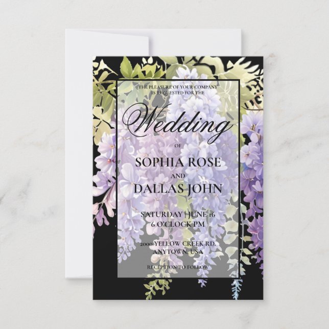 Elegant soft purple watercolor wisteria wedding invitation (Front)