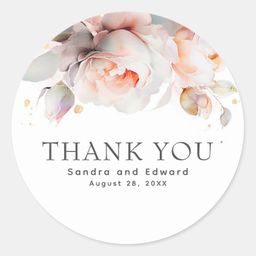 Elegant Soft Rose Flowers Botanical Thank You Classic Round Sticker